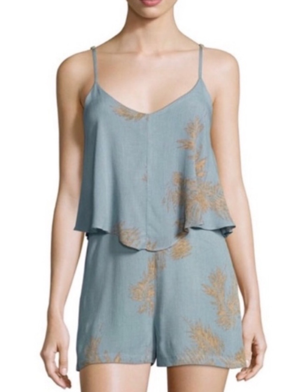 bishop & young — Large Light Blue Floral Print Spaghetti Strap Romper